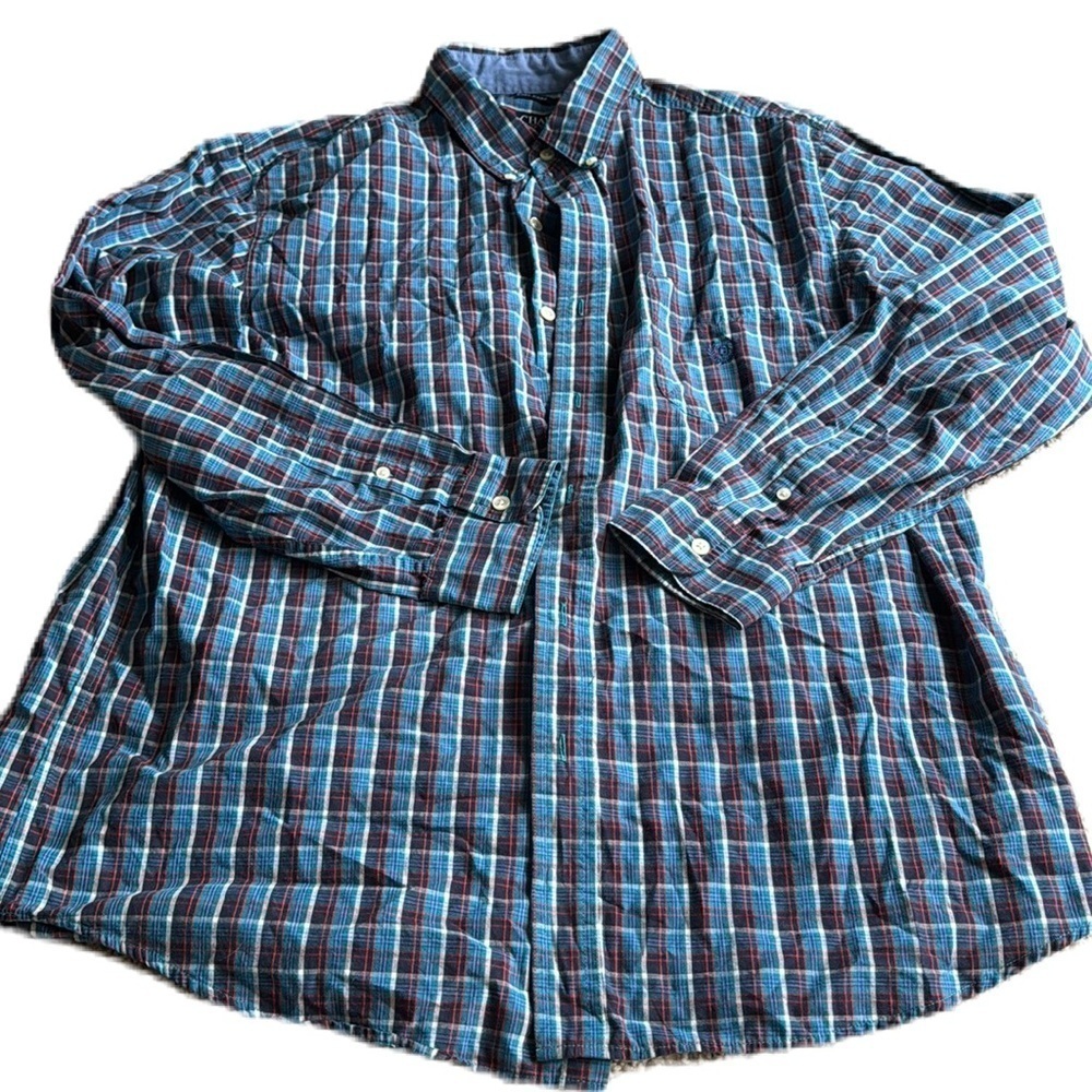 Chaps Easy Care Button Down Shirt Blue/Red Plaid Long Sleeve EUC Men's Size XL